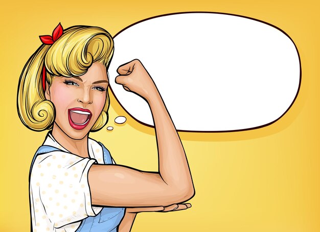 Arte pop mujer segura de sí misma gritando y demostrando fuerza enrollándose la manga y apretando el puño Chica rubia mostrando el símbolo del poder femenino derechos de las mujeres protesta feminista Podemos hacerlo cartel