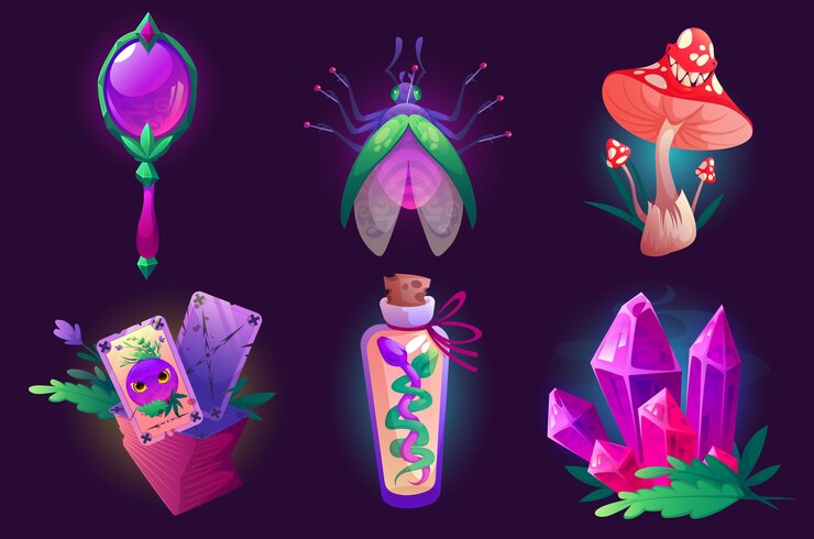 Vector gratuito artículos de bruja espejo mágico, hongo agárico de mosca riendo, botella con serpiente, cartas del tarot, insecto clavado y cristal. elementos de activos para el juego, material de asistente aislado, ilustración vectorial de dibujos animados, conjunto de iconos