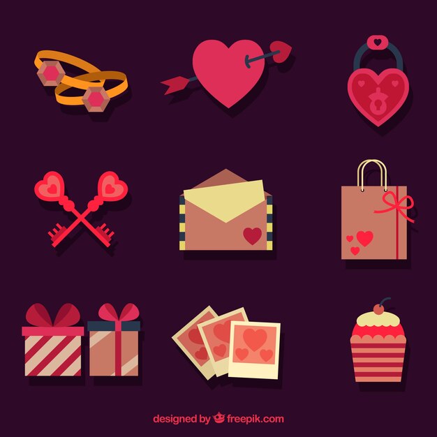 Artículos del día de san valentín en diseño plano