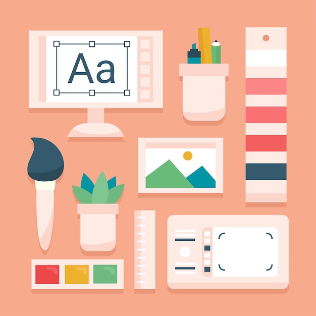 Artículos de diseño gráfico y herramientas de oficina varios objetos y equipos Ilustración vectorial