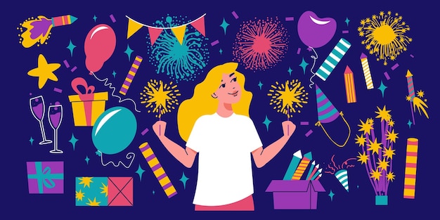 Artículos planos de fuegos artificiales con niña feliz y símbolos de celebración ilustración vectorial