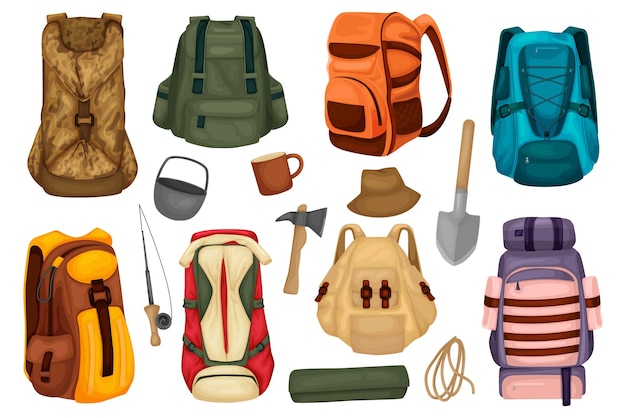 Vector gratuito artículos de senderismo conjunto plano de mochila estera de viaje olla turística cuerda hacha pala ilustración vectorial aislado