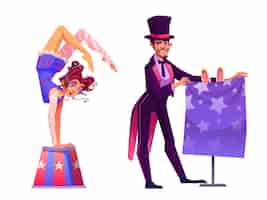 Vector gratuito artista de circo, personaje de dibujos animados, chica flexible, gimnasta parada en las manos y mago masculino en frac y sombrero mostrando truco con conejo, ilustración vectorial de artistas de teatro disfrazados