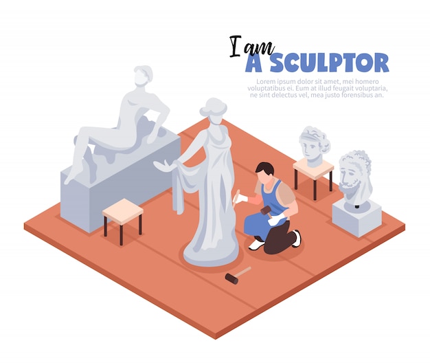 Artista escultor con instrumentos profesionales durante el proceso creativo en el espacio de trabajo isométrica ilustración vectorial