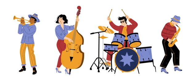Artistas del ambiente de la banda de jazz interpretando música en el escenario