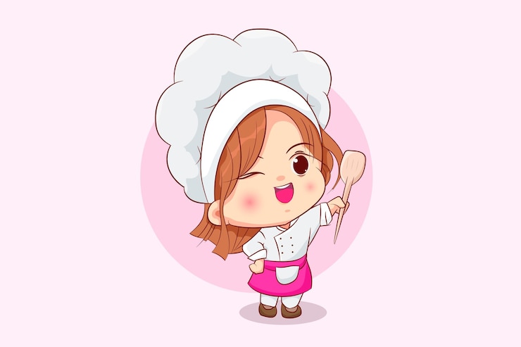 Vector gratuito artística de dibujos animados de una chica chef con ilustraciones de color rosa