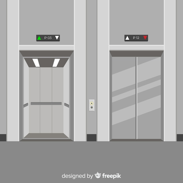 Ascensor con puerta abierta y cerrada en diseño flat