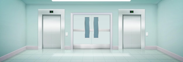 Ascensores y puerta en pasillo de hospital, clínica, casa o laboratorio. interior vacío con ascensores cerrados y puerta de metal doble, pasillo con paredes blancas y suelo de baldosas, ilustración vectorial 3d realista