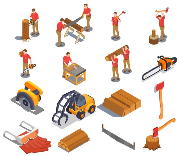 Aserradero aserradero leñador conjunto isométrico con personajes humanos aislados e iconos de herramientas instrumentos profesionales ilustración vectorial
