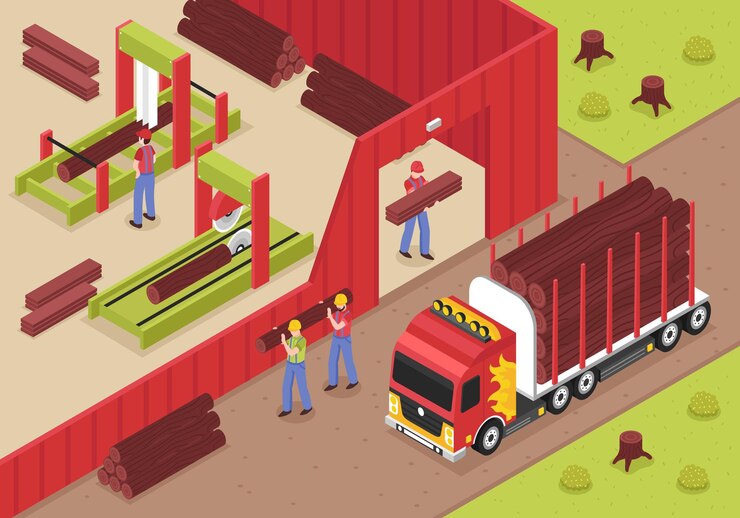 Vector gratuito aserradero isométrico con trabajadores varones descargando troncos de camiones para cortar y trabajar la madera