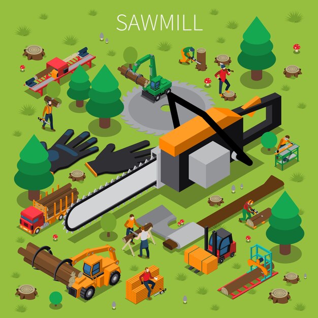Aserradero Timber Mill Leñador Composición isométrica
