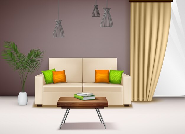 Vector gratuito asiento de amor beige cómodo moderno con elegantes almohadas brillantes hermosas ideas de decoración interior del hogar ilustración realista