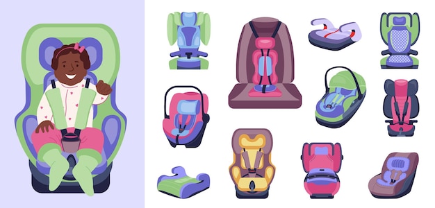 Asiento de coche para niños con asientos de seguridad planos sobre fondo blanco con varios tamaños y colores ilustración vectorial