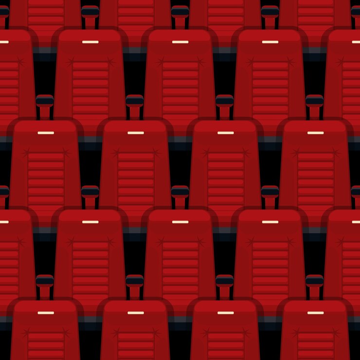 Vector gratuito asientos de cine de patrones sin fisuras. teatro y auditorio, entretenimiento y rojo, fila e interior.