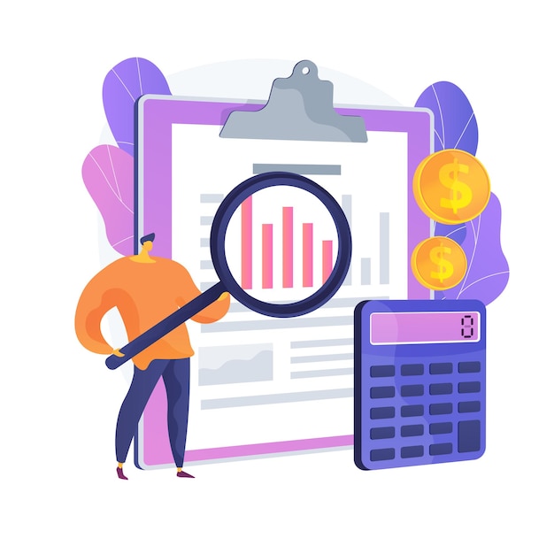 Asistencia al servicio de auditoría. Informe financiero, análisis contable, gestión financiera de la empresa. Financiero realizando valoración de gastos corporativos. Ilustración de metáfora de concepto aislado de vector