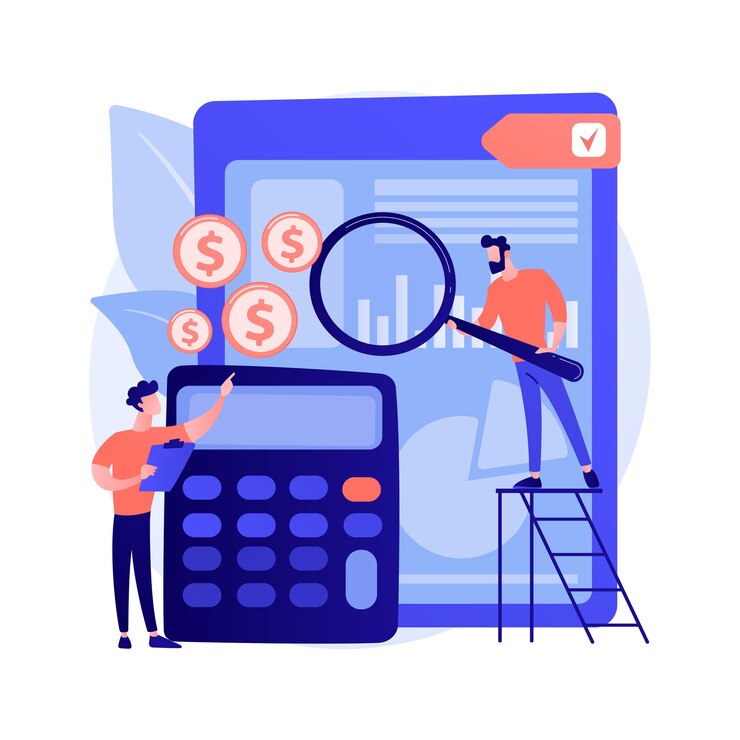 Vector gratuito asistencia al servicio de auditoría. informe financiero, análisis contable, gestión financiera de la empresa. financiero realizando valoración de gastos corporativos.