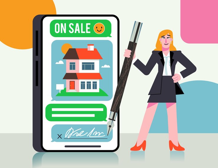 Vector gratuito asistencia inmobiliaria de diseño plano con mujer y bolígrafo
