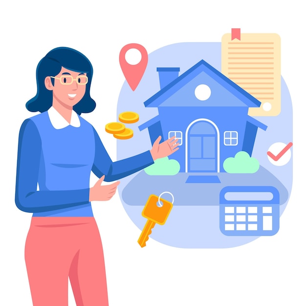 Vector gratuito asistencia inmobiliaria con mujer y casa