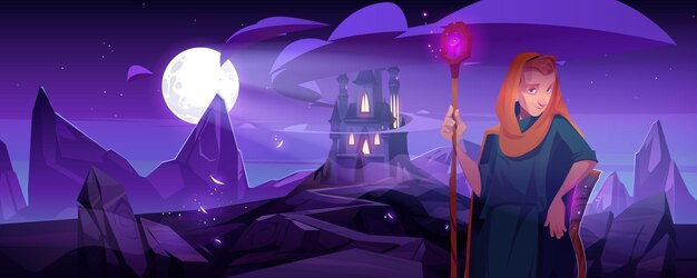 Asistente con bastón mágico de pie en el paisaje nocturno con castillo de fantasía bajo la luna llena. Libro de cuento de hadas o personaje de juego, brujo, mago con túnica larga con capucha, ilustración vectorial de dibujos animados