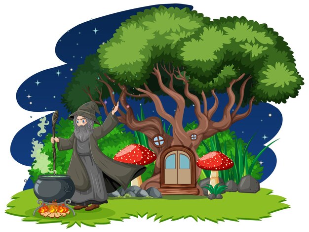 Asistente con estilo de dibujos animados de olla de magia negra y casa de árbol en bosque oscuro
