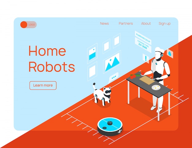 Asistente de hogar inteligente humanoide integrado para el hogar inteligente y robots animales diseño isométrico de página de aterrizaje