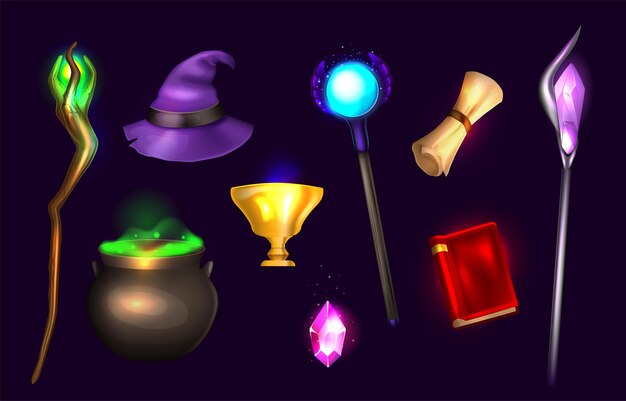 Asistente personal conjunto realista de caldero de bruja de libro de alquimia con poción mágica sombrero de mago en fondo negro aislado ilustración vectorial