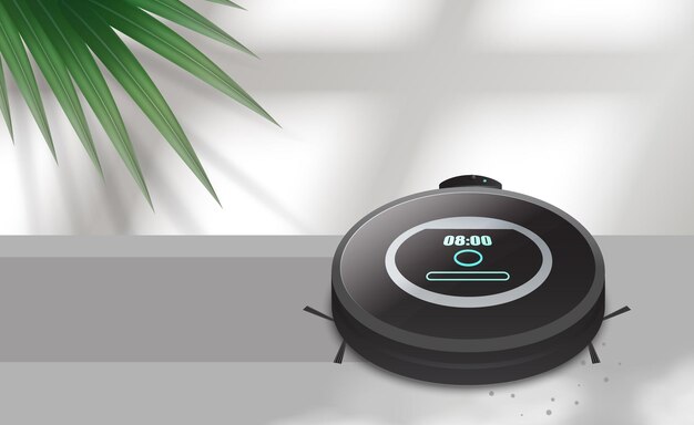 La aspiradora robot se comunica con el teléfono inteligente a través de una ilustración vectorial realista inalámbrica