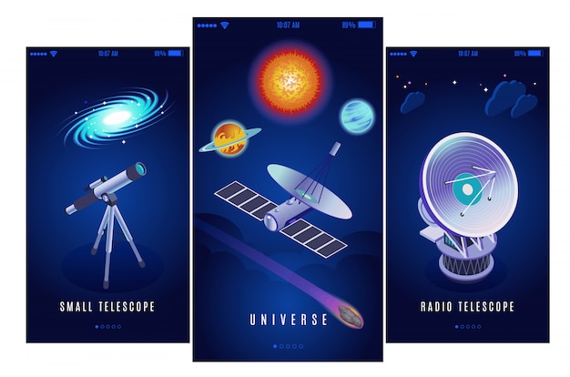 Vector gratuito astrofísica investigación espacial ciencia misión 3 pancartas isométricas verticales con radio y pequeños telescopios ópticos ilustración
