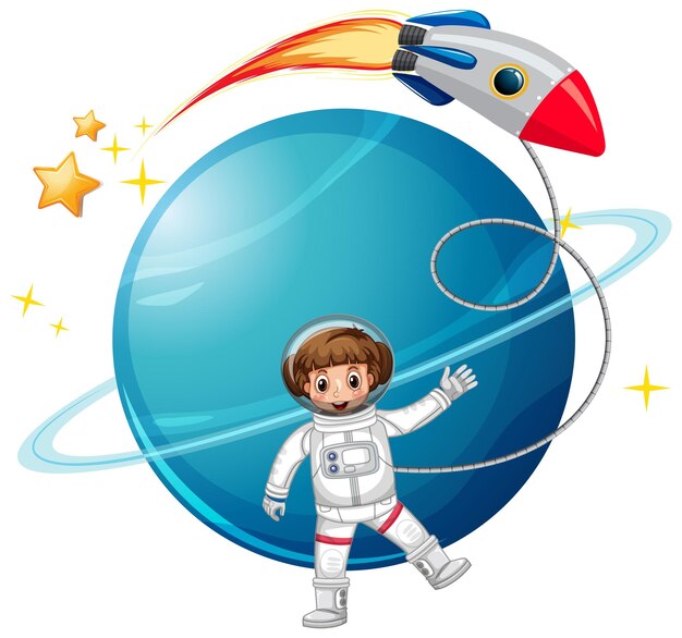 Astronauta aislado con planeta y cohete