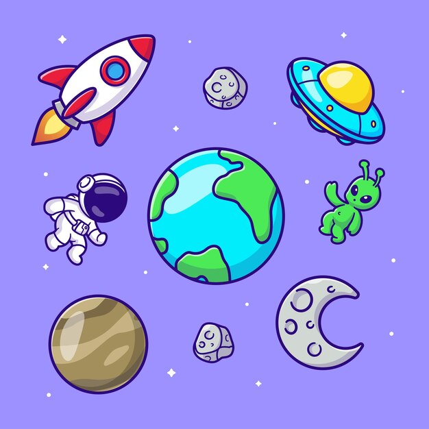 Astronauta alienígena cohete OVNI en el espacio dibujos animados icono vectorial ilustración ciencia tecnología aislada