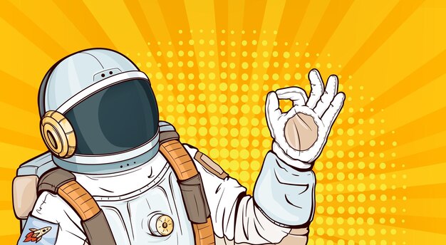 Astronauta de arte pop en traje espacial que muestra un gesto correcto