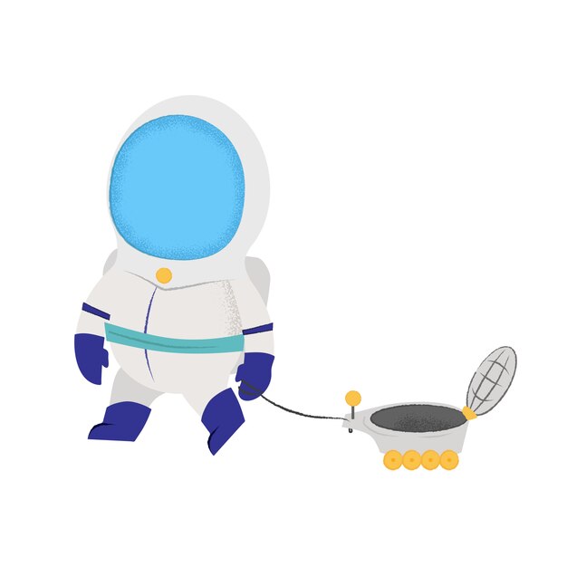Astronauta caminando con vehículo lunar. Juguete, satélite, traje espacial.