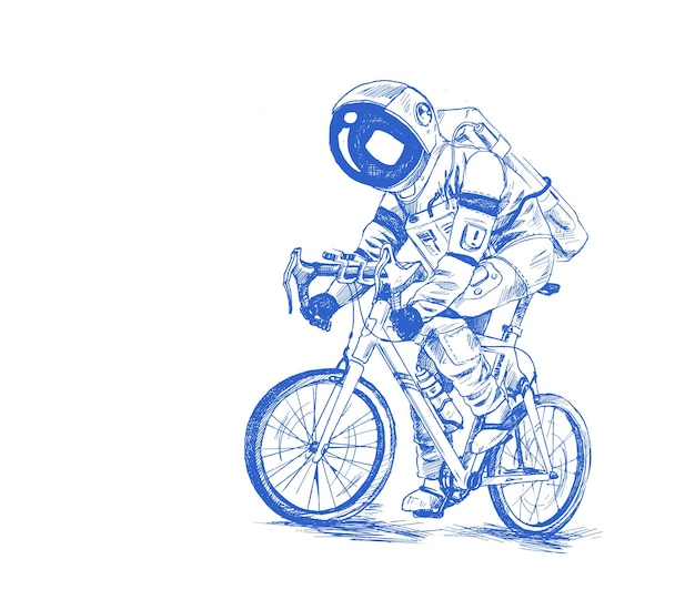 Astronauta carrera de bicicletas futurista Ilustración de vector de boceto dibujado a mano