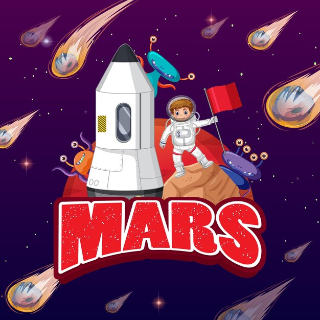 Astronauta con cartel de dibujos animados de nave espacial