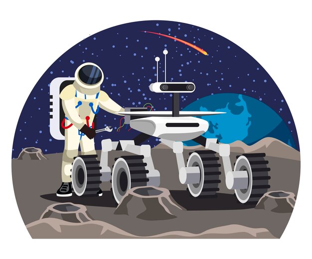 Astronauta con casco y traje espacial sosteniendo una llave inglesa y reparando la máquina de automóvil del rover lunar Superficie lunar de piedra con planeta tierra cráter y cometa volador con cola ardiente en el fondo