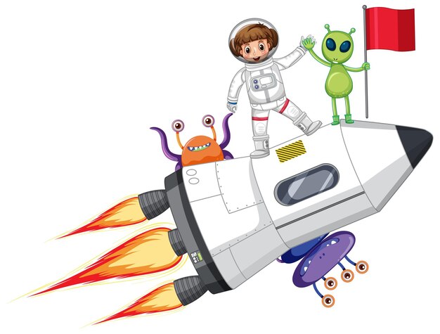Un astronauta en un cohete con extraterrestres al estilo de las caricaturas