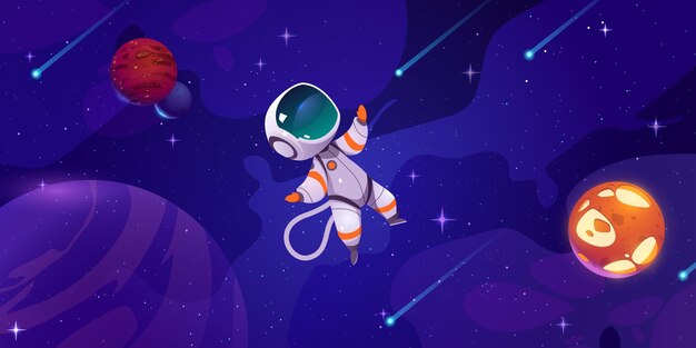 Astronauta en cosmos con estrellas planetas cometas