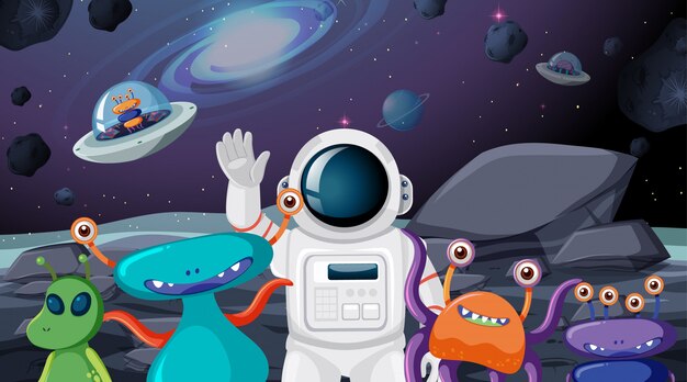 Astronauta y escena alienígena