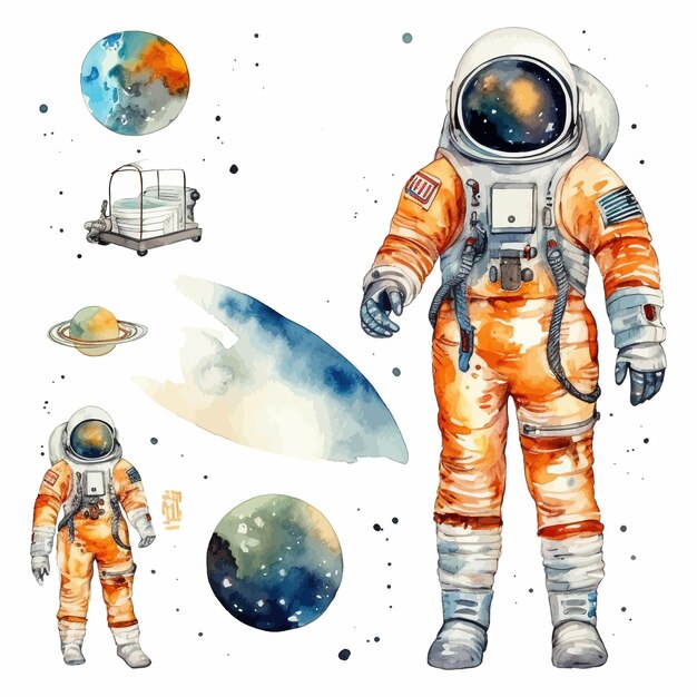 Astronauta y Espacio Acuarela Clipart Set fondo blanco