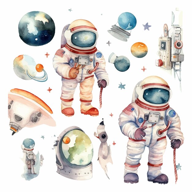 Astronauta y Espacio Acuarela Clipart Set fondo blanco