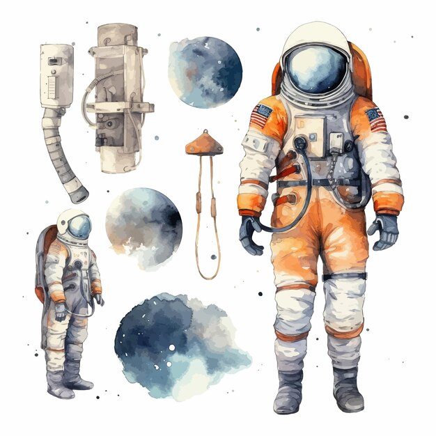 Astronauta y Espacio Acuarela Clipart Set fondo blanco