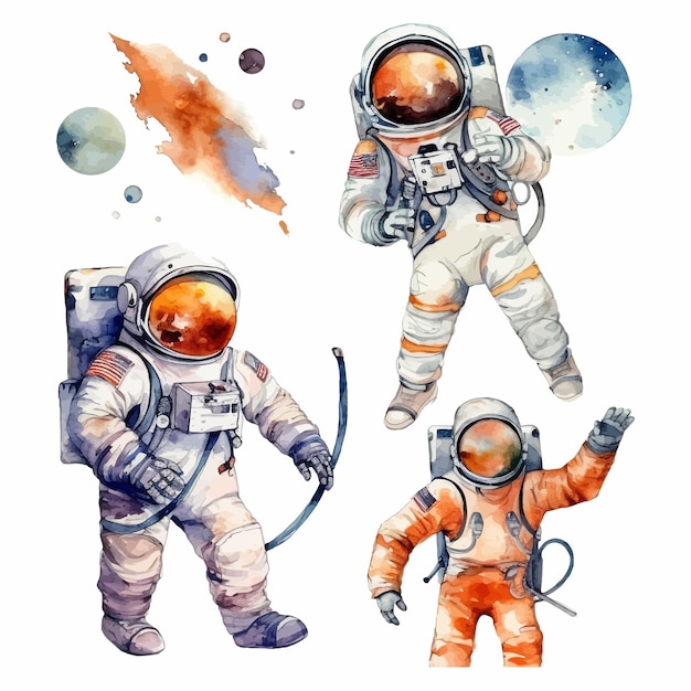 Astronauta y Espacio Acuarela Clipart Set fondo blanco