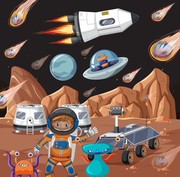 Un astronauta y extraterrestres en el planeta.