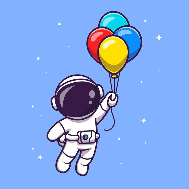 Astronauta flotando con globos Cartoon Vector Icon Illustration. Concepto de icono de tecnología de ciencia aislado Vector Premium. Estilo de dibujos animados plana