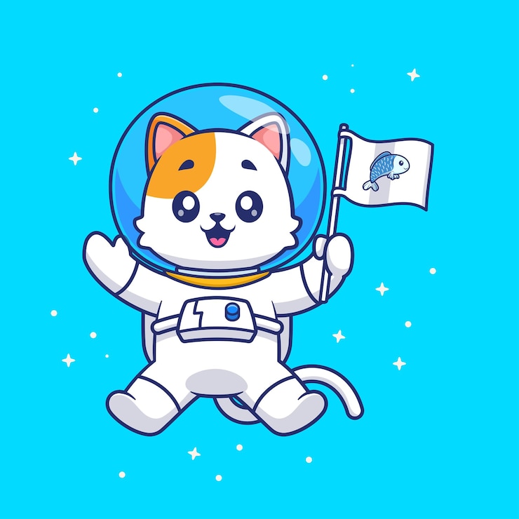 Vector gratuito astronauta gato lindo sosteniendo una bandera de pez en el espacio ilustración de icono vectorial de dibujos animados ciencia animal plana
