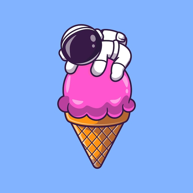 Vector gratuito astronauta en la ilustración de dibujos animados de cono de helado. concepto de alimentos de ciencia aislado. estilo de dibujos animados plana