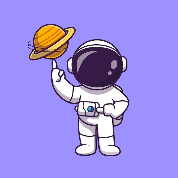 Astronauta jugando ilustración de dibujos animados de bola de planeta. Concepto de deporte de ciencia aislado. Estilo de dibujos animados plana