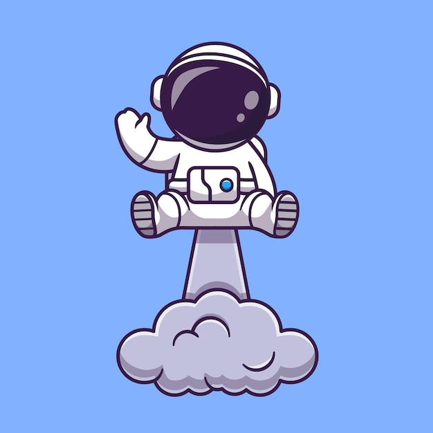 Astronauta lanzando en el espacio y agitando la mano ilustración de dibujos animados. Concepto de tecnología de ciencia aislado. Estilo de dibujos animados plana