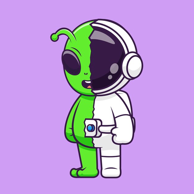 Astronauta lindo y alienígena juntos icono vectorial de dibujos animados ilustración ciencia tecnología aislada plana