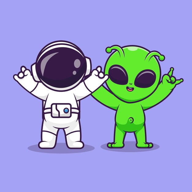 Astronauta lindo y alienígena con mano de metal icono de dibujos animados vectorial ilustración ciencia tecnología plana